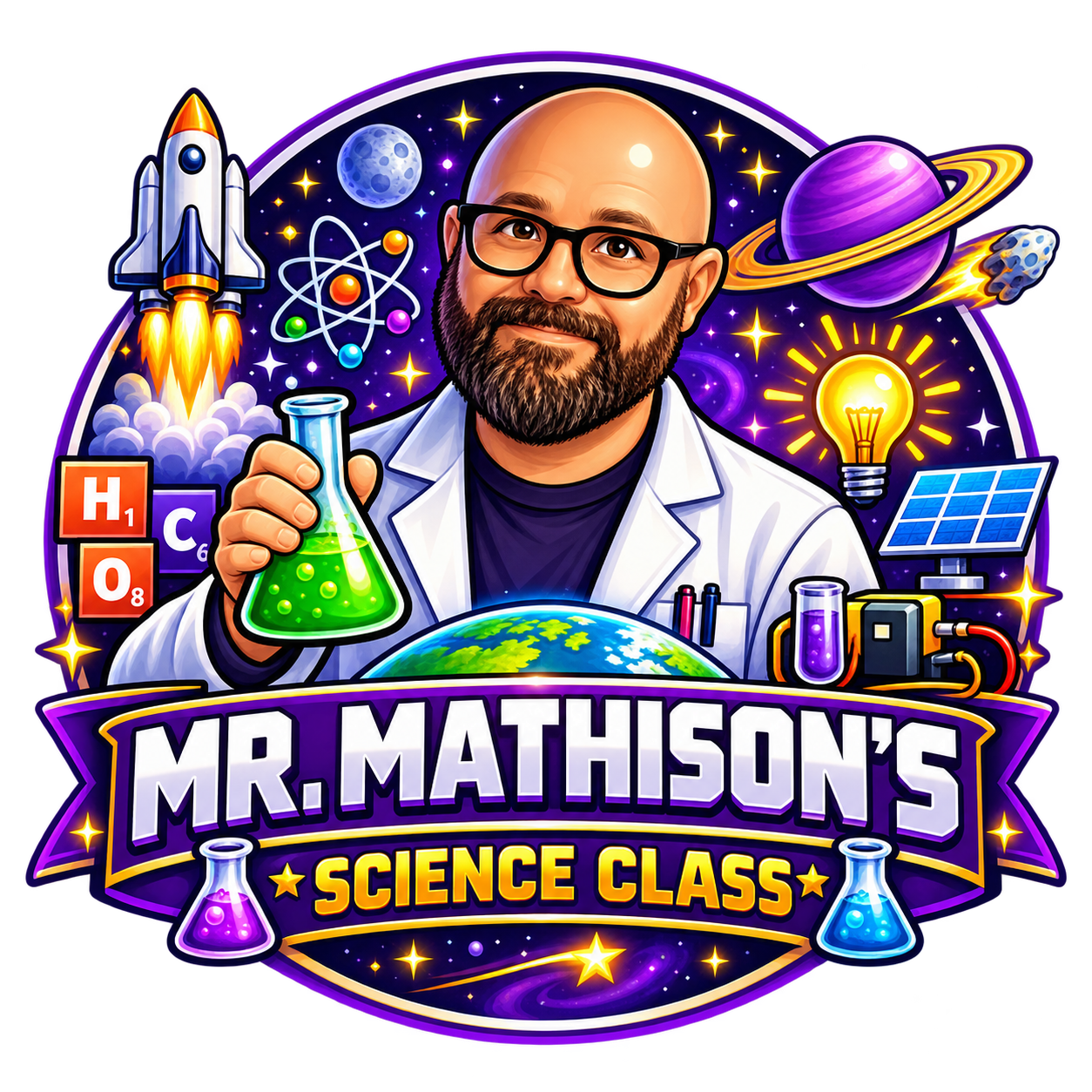 Mr. Mathison’s Science Class logo, featuring Mr. Mathison with a green flask and space science illustrations